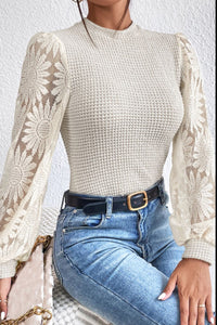 Mock Neck Lace Long Sleeve Top.