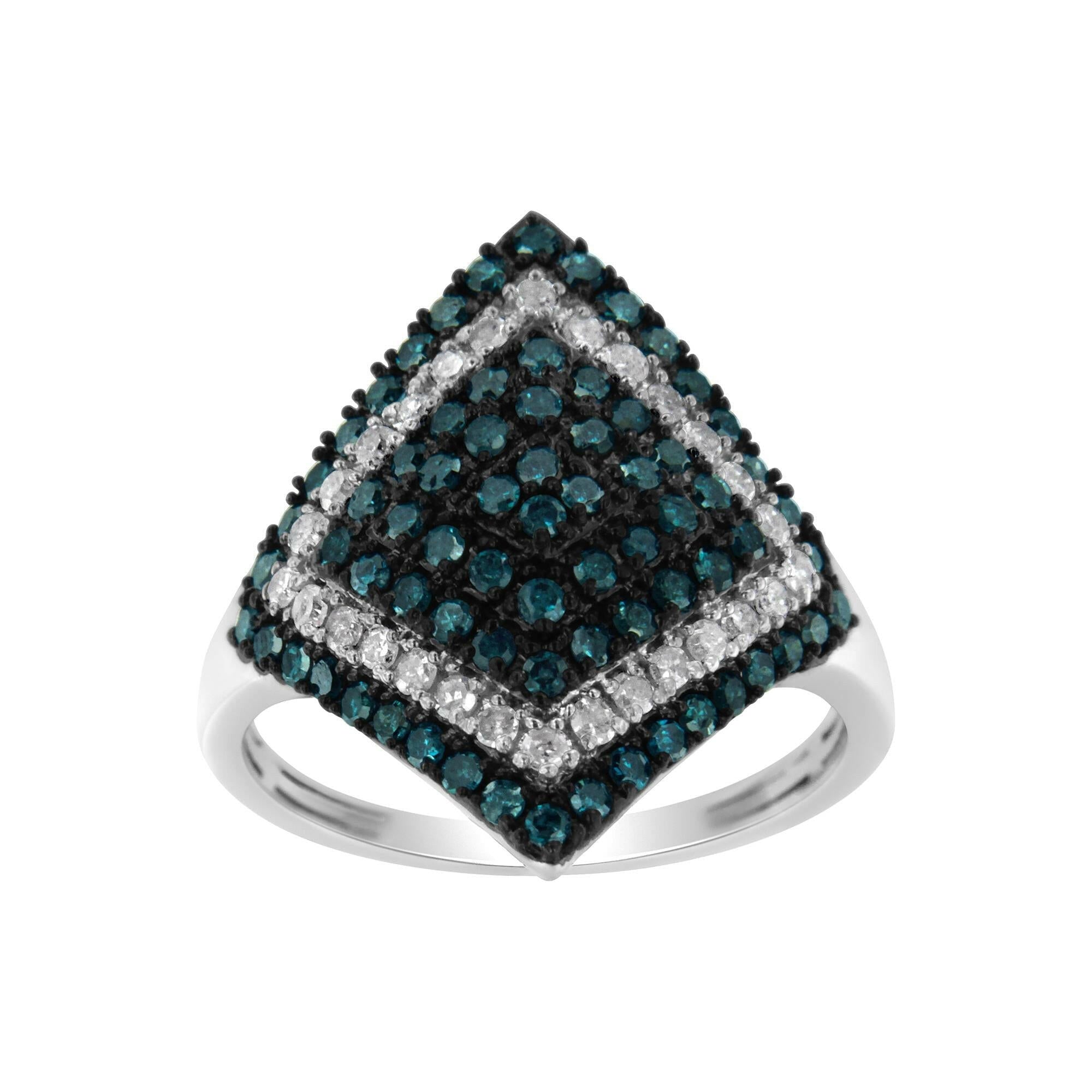 .925 Sterling Silver 1 Cttw White and Treated Blue Diamond Rhombus Cocktail Ring (Blue, I3)