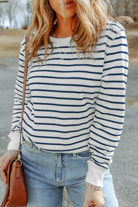 Hannah Striped Print Ribbed Trim Long Sleeve Top.