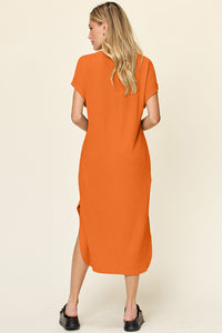 Double Take Full Size Round Neck Short Sleeve Slit Dress.