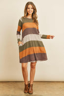 Long Sleeved Rib Stripe Pocket Dress.