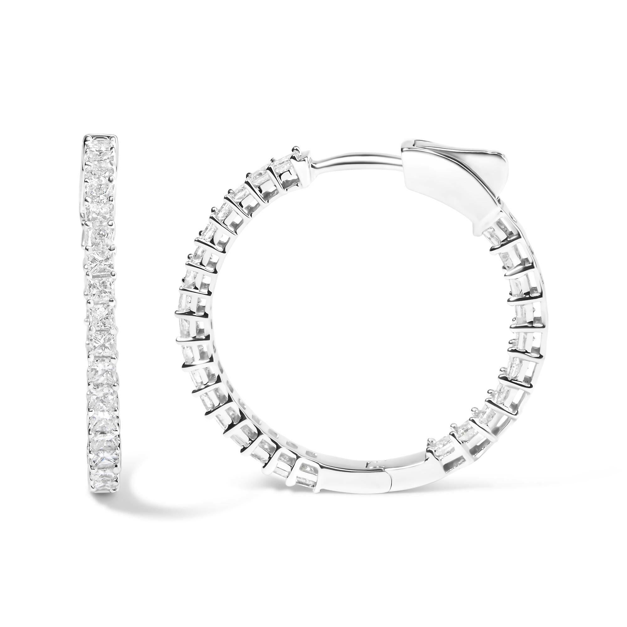 14K White Gold Natural Princess Cut Diamond Inside Out Hoop Earrings (G-H Color, SI2-I1 Clarity).