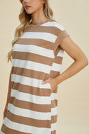 Basic Bae Full Size Striped Round Neck Cap Sleeve Mini Dress.