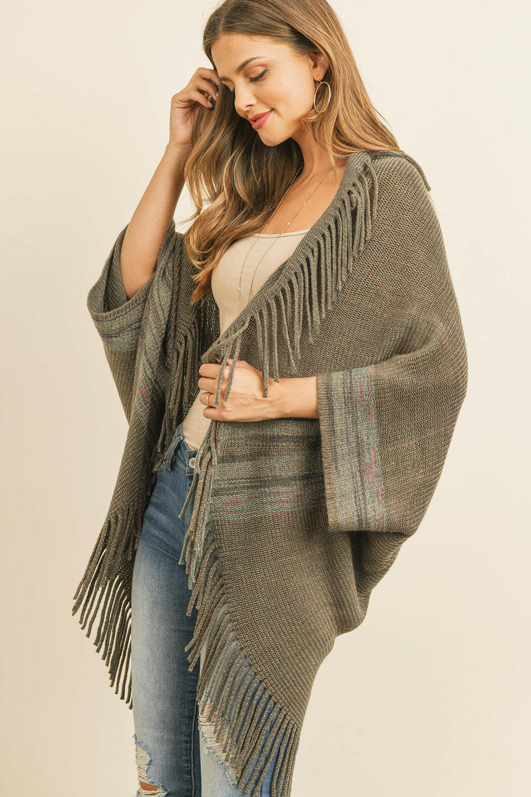 Fringe Stripe Open Front Kimono.