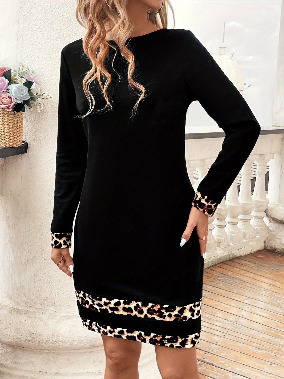 Leopard Trim Round Neck Long Sleeve Mini Dress.