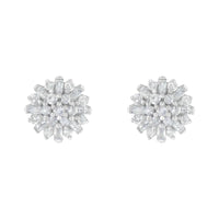 .925 Sterling Silver 1/2 Round and Baguette Diamond Sunburst Floral Cluster Stud Earrings (I-J Color, I3 Clarity).