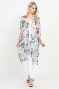 Open Front Knee Length Floral Cardigan.