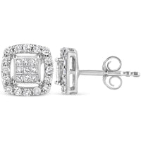 .925 Sterling Silver 1/2 Cttw Round and Princess-Cut Diamond Stud Earrings (I-J Color, I1-I2 Clarity).