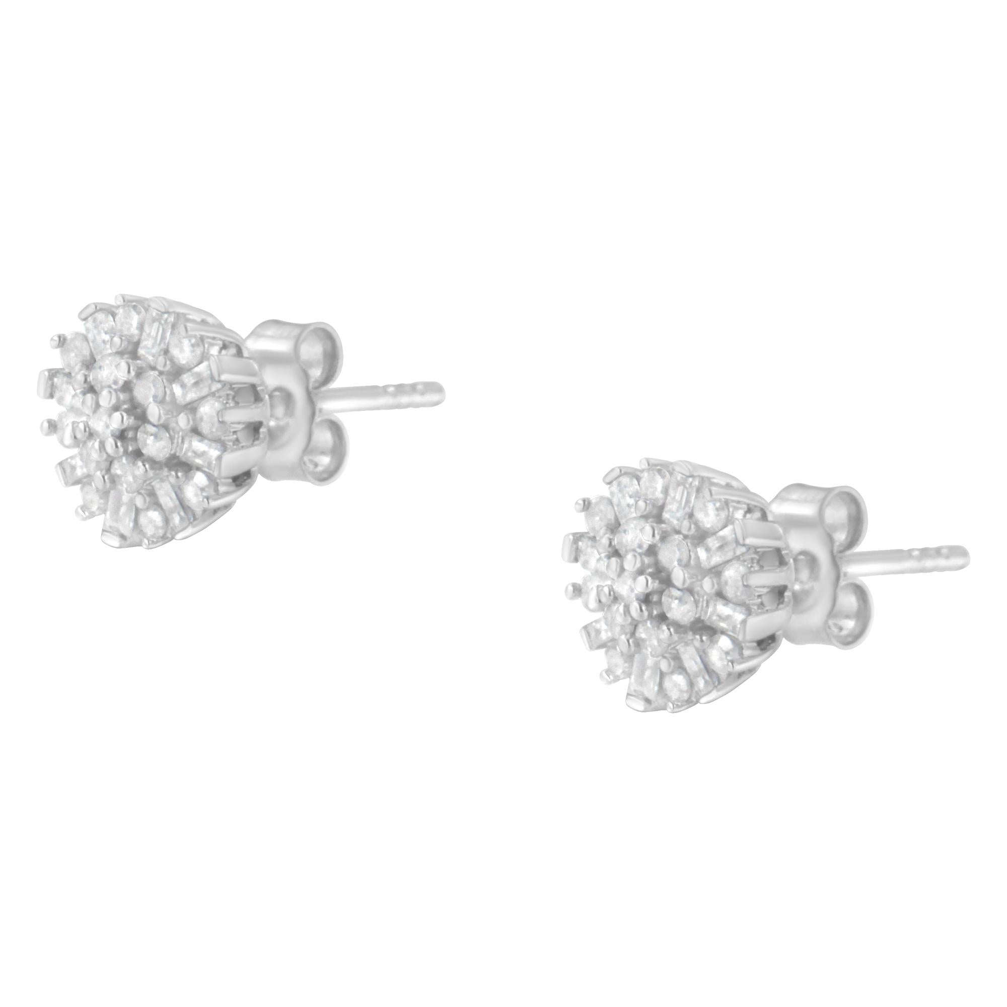 .925 Sterling Silver 1/2 Round and Baguette Diamond Sunburst Floral Cluster Stud Earrings (I-J Color, I3 Clarity).