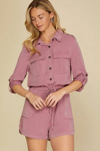 Reese Roll Up Sleeve Flap Pockets Drawstring Romper.