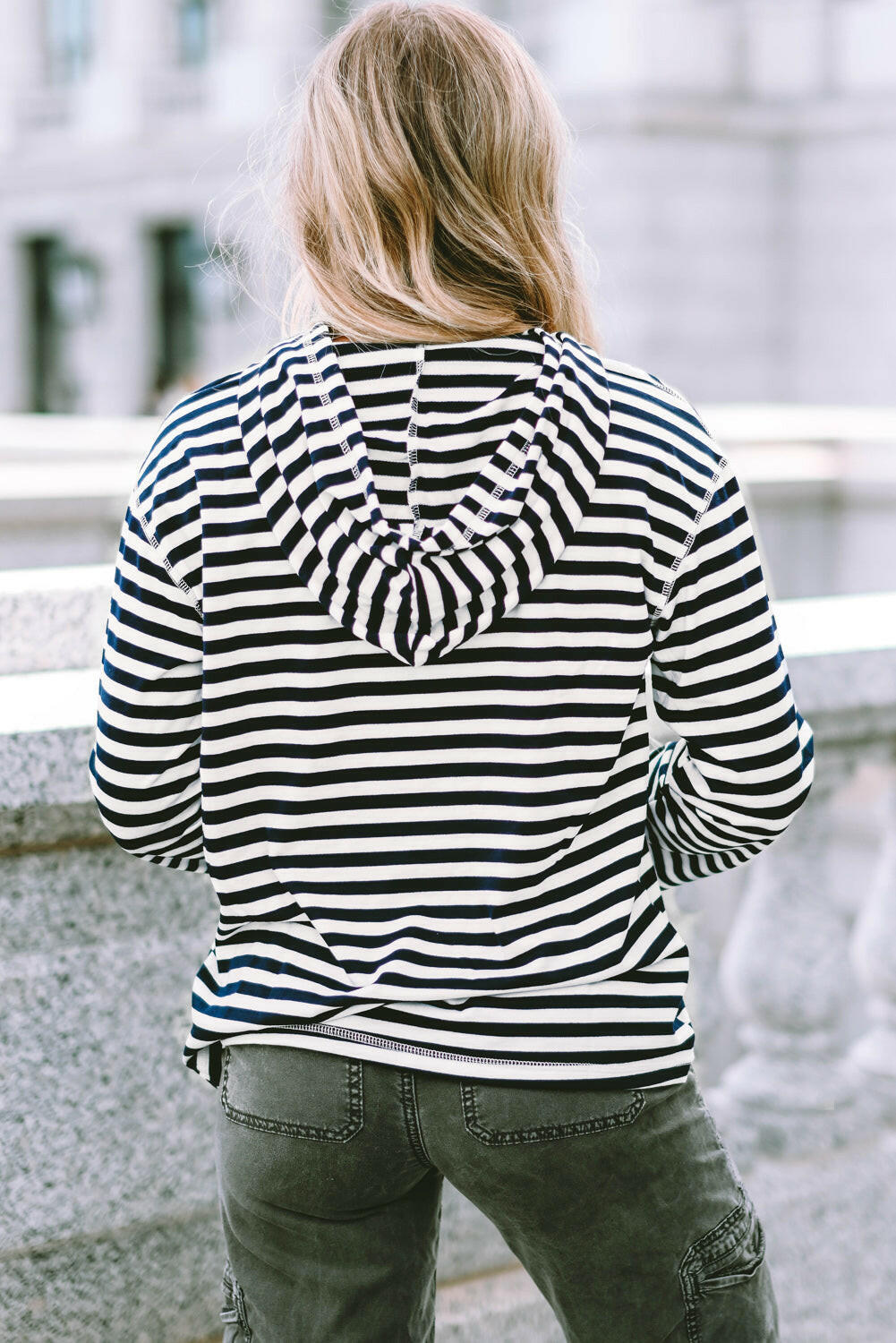 Julia Stripe Kangaroo Pocket Drawstring Hoodie.