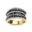 14K Yellow Gold Plated .925 Sterling Silver 1 3/4 Cttw Treated Black and White Alternating Diamond Multi Row Band Ring (.