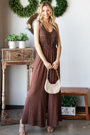 First Love Tie Back Sleeveless Slit Wide Leg Jumpsuit.