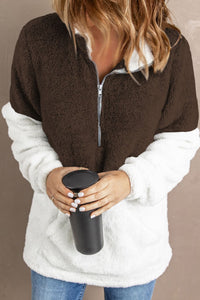 Color Block Half Zip Long Sleeve Fuzzy Sweatshirt.