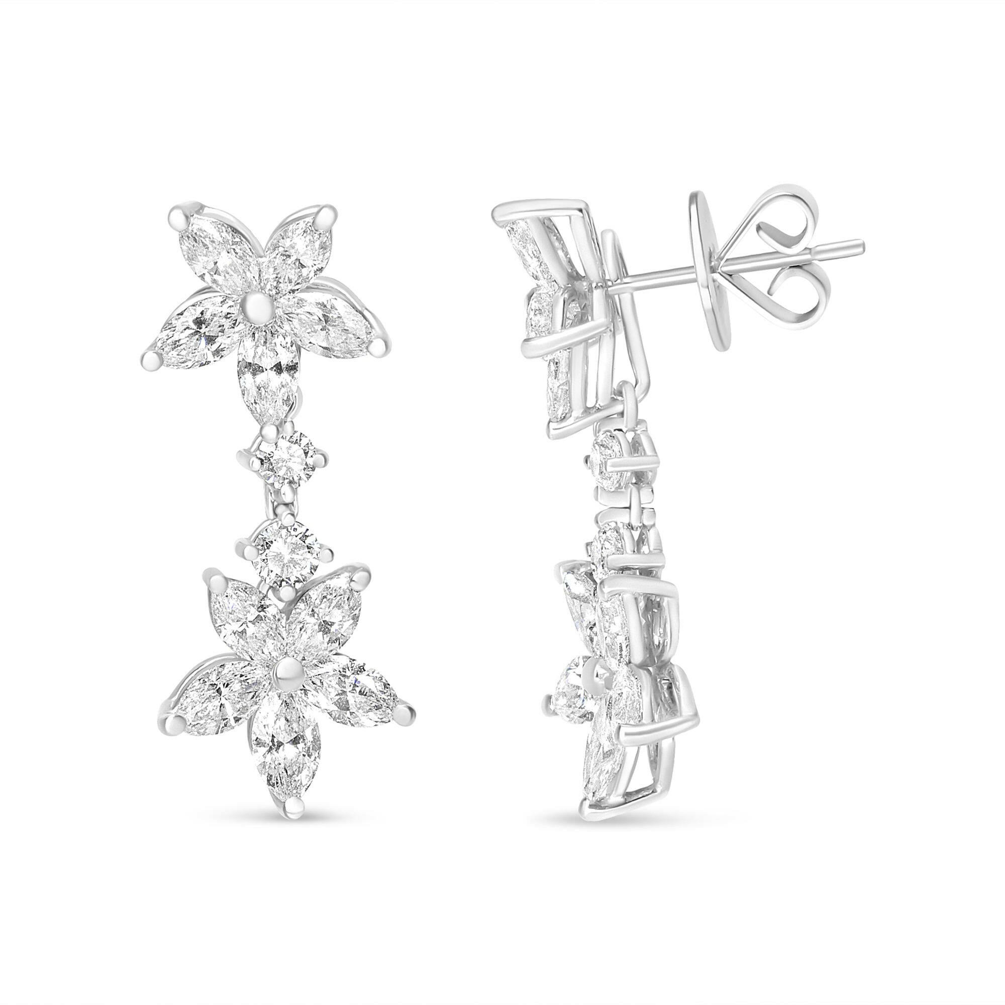 18k White Gold 6.0 Cttw Marquise Diamond Floral Dangle Drop Earrings (E-F Color, VS1-VS2 Clarity).