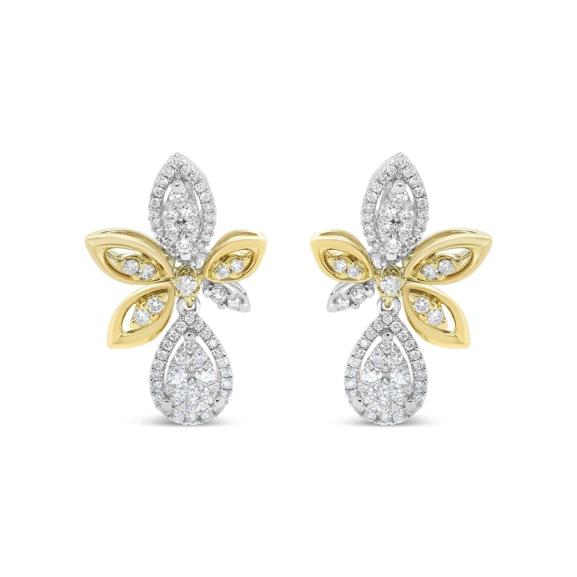 14K White and Yellow Gold 1.00 Cttw Round Pave-Set Diamond Teardrop and Marquise Shape Drop Dangle Earrings (H-I Color,