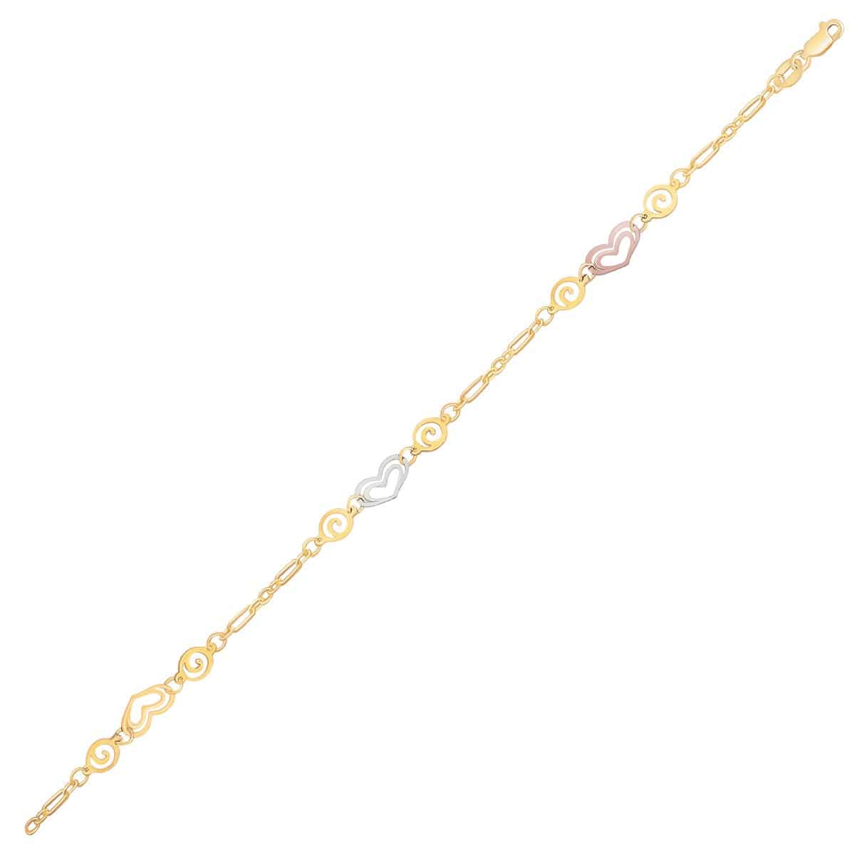 14k Tri-Color Gold Anklet with Multi Color Heart Stations - Forever in Harmony