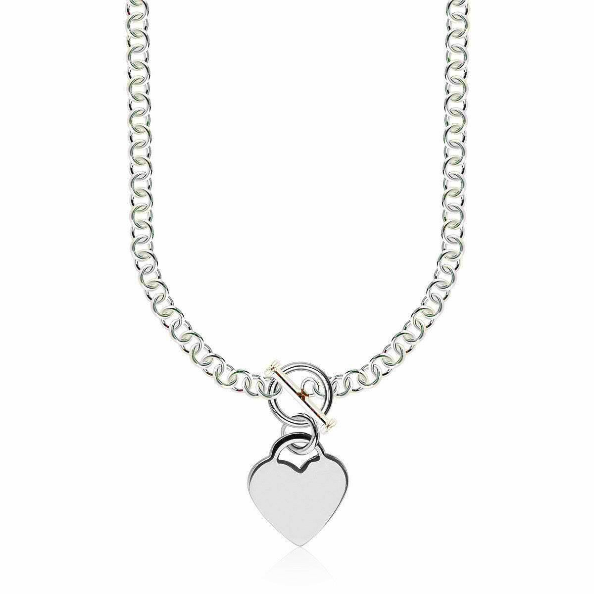 Sterling Silver Rhodium Plated Rolo Chain Necklace with a Heart Toggle Charm |