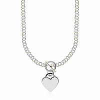 Sterling Silver Rhodium Plated Rolo Chain Necklace with a Heart Toggle Charm | - Forever in Harmony