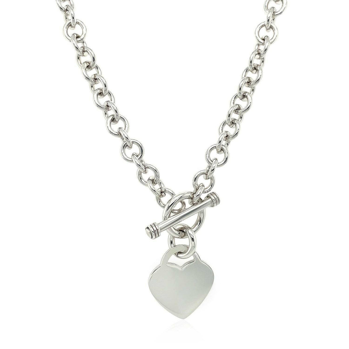 Sterling Silver Rhodium Plated Rolo Chain Necklace with a Heart Toggle Charm |