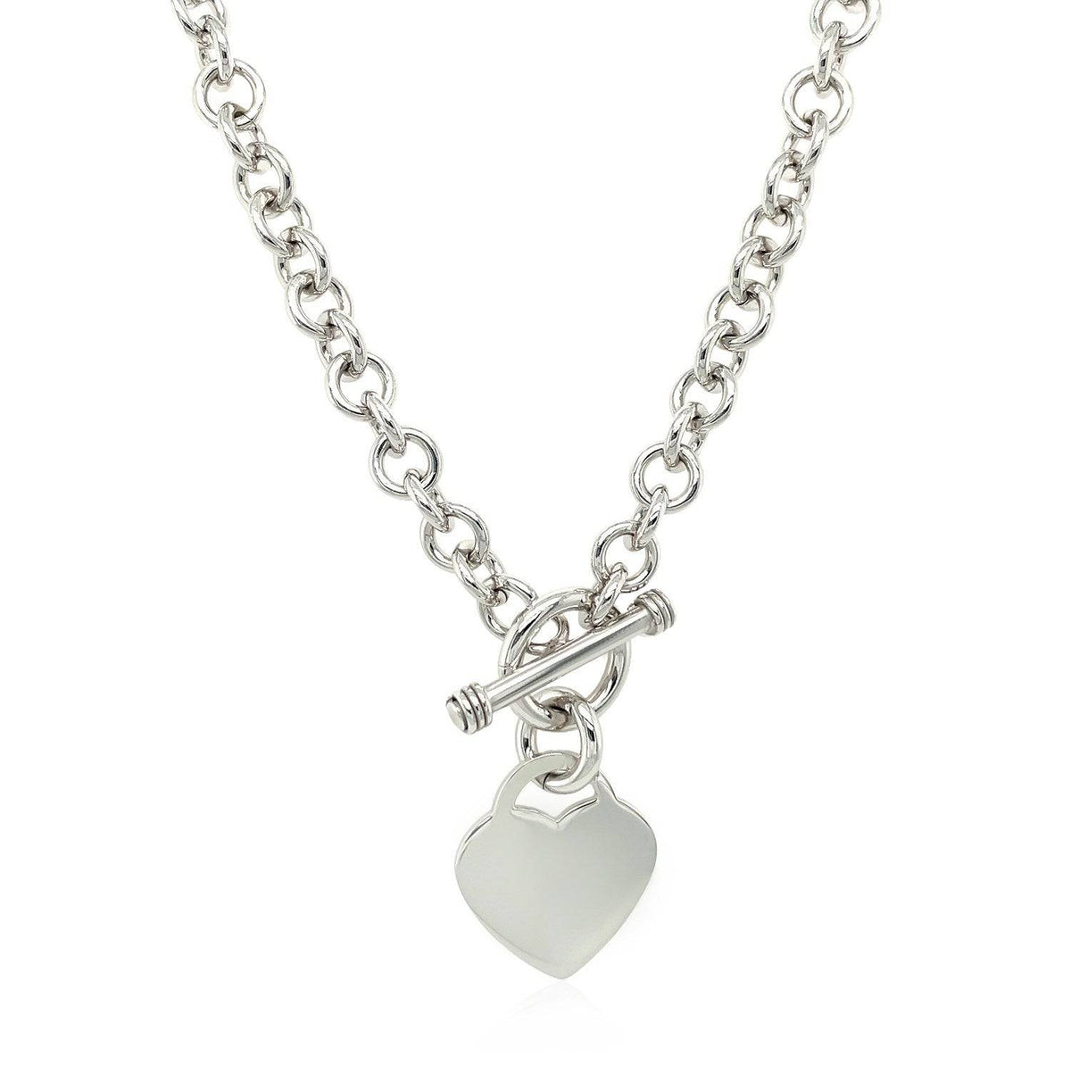 Sterling Silver Rhodium Plated Rolo Chain Necklace with a Heart Toggle Charm | 16''