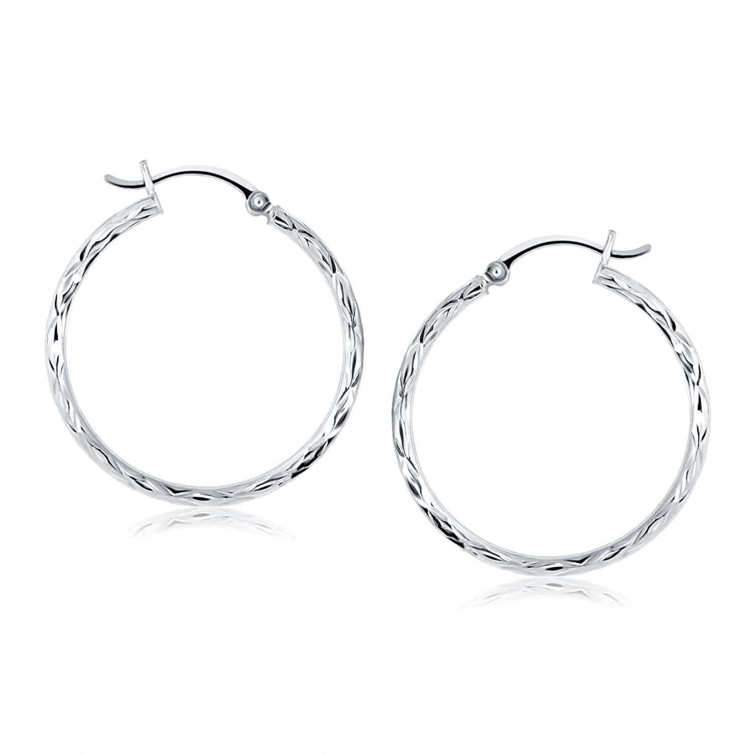 14k White Gold Diamond Cut Hoop Earrings(2x30mm)