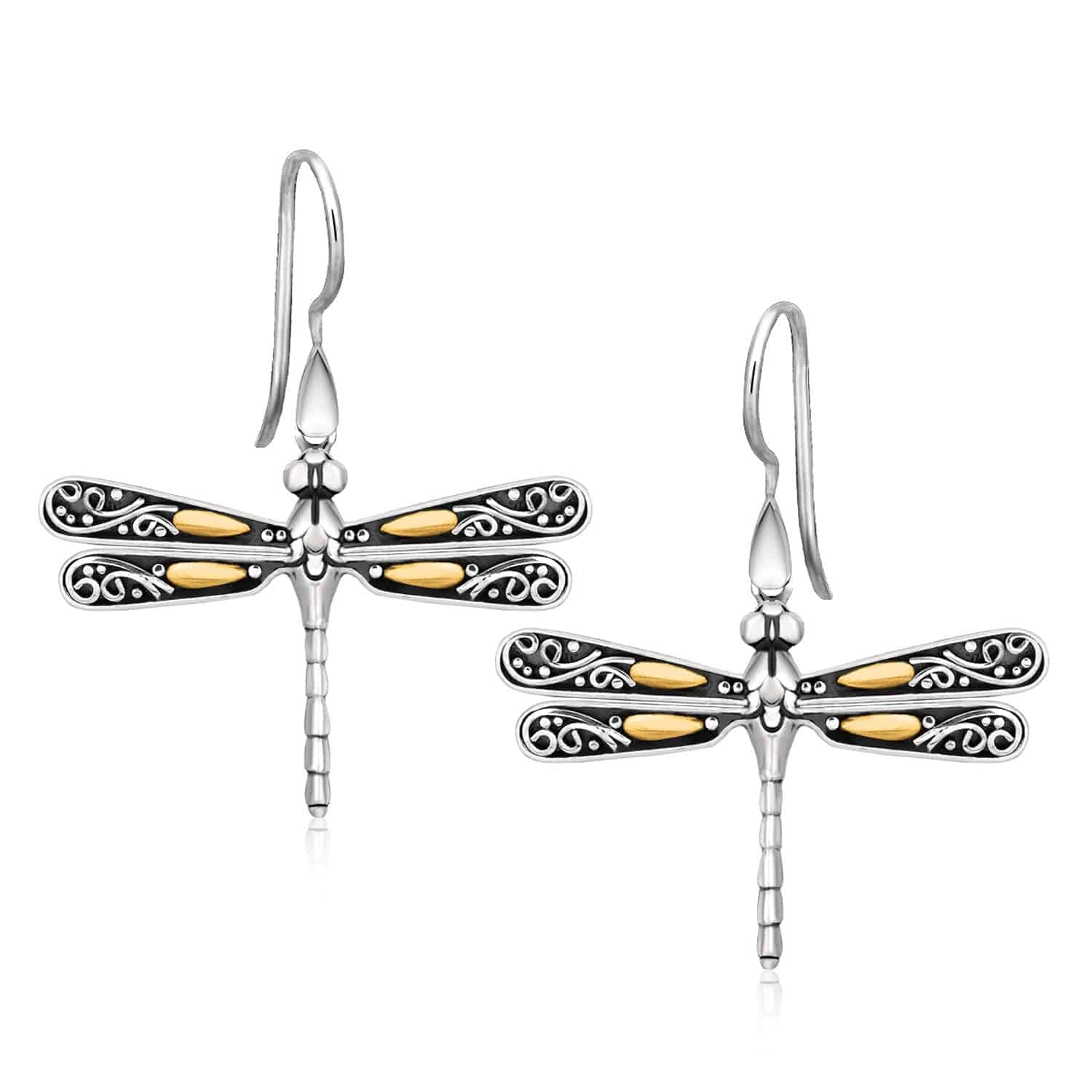 18k Yellow Gold and Sterling Silver Dragonfly Motif Drop Earrings - Forever in Harmony