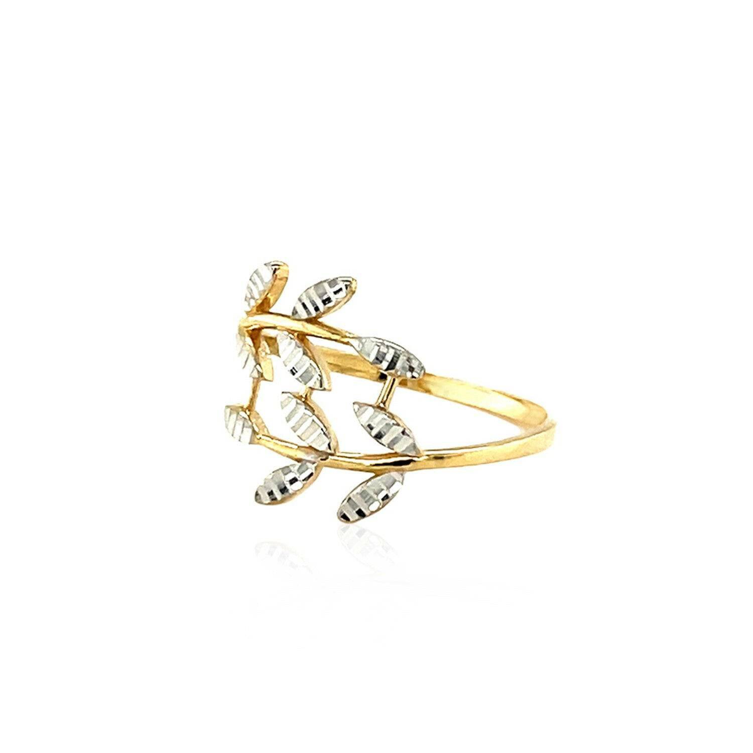 14k Two Tone Gold Crossover Ring with Textured Leaves(1.50 mm) | - Forever in Harmony