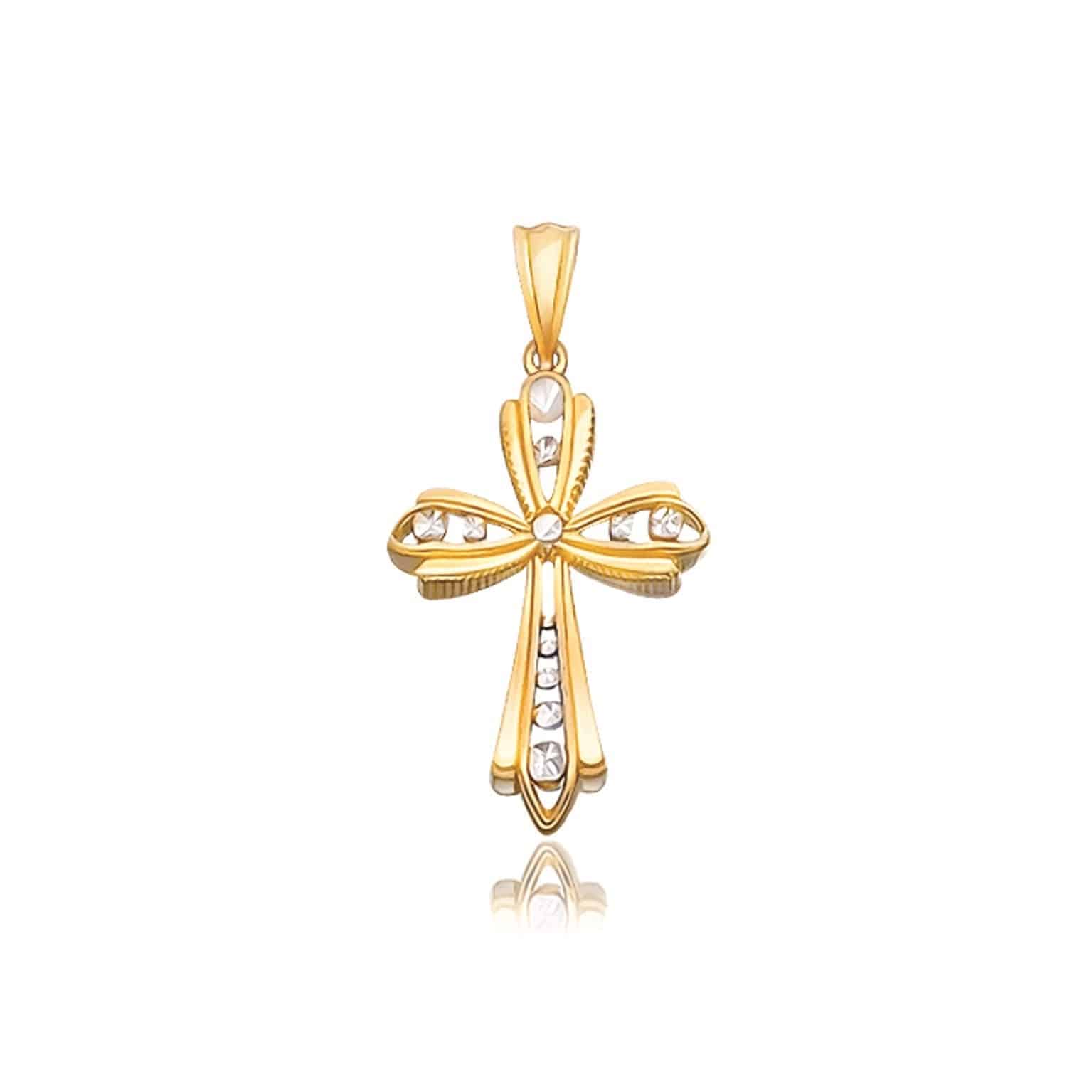 14k Two-Tone Gold Fancy Cross Pendant with Diamond Cuts - Forever in Harmony