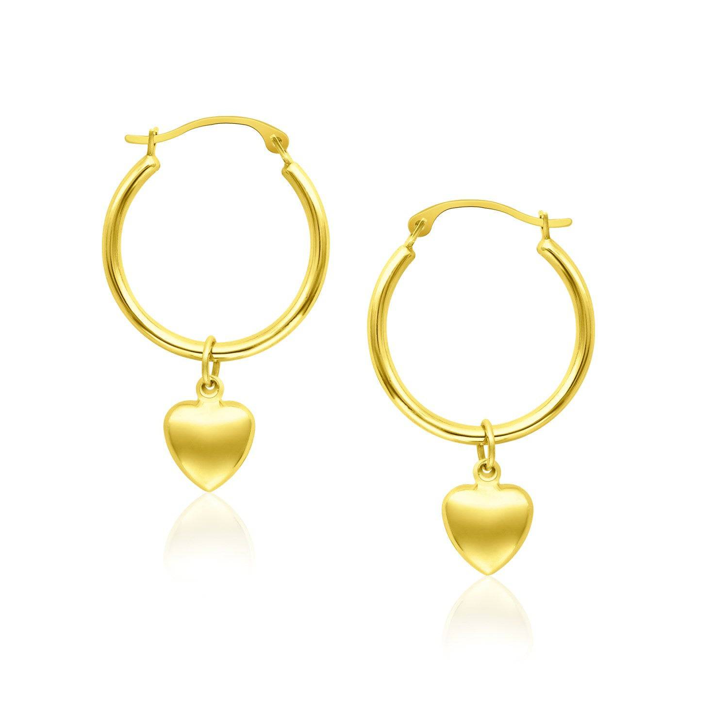 14k Yellow Gold Hoop Earrings with Dangling Puffed Heart - Forever in Harmony