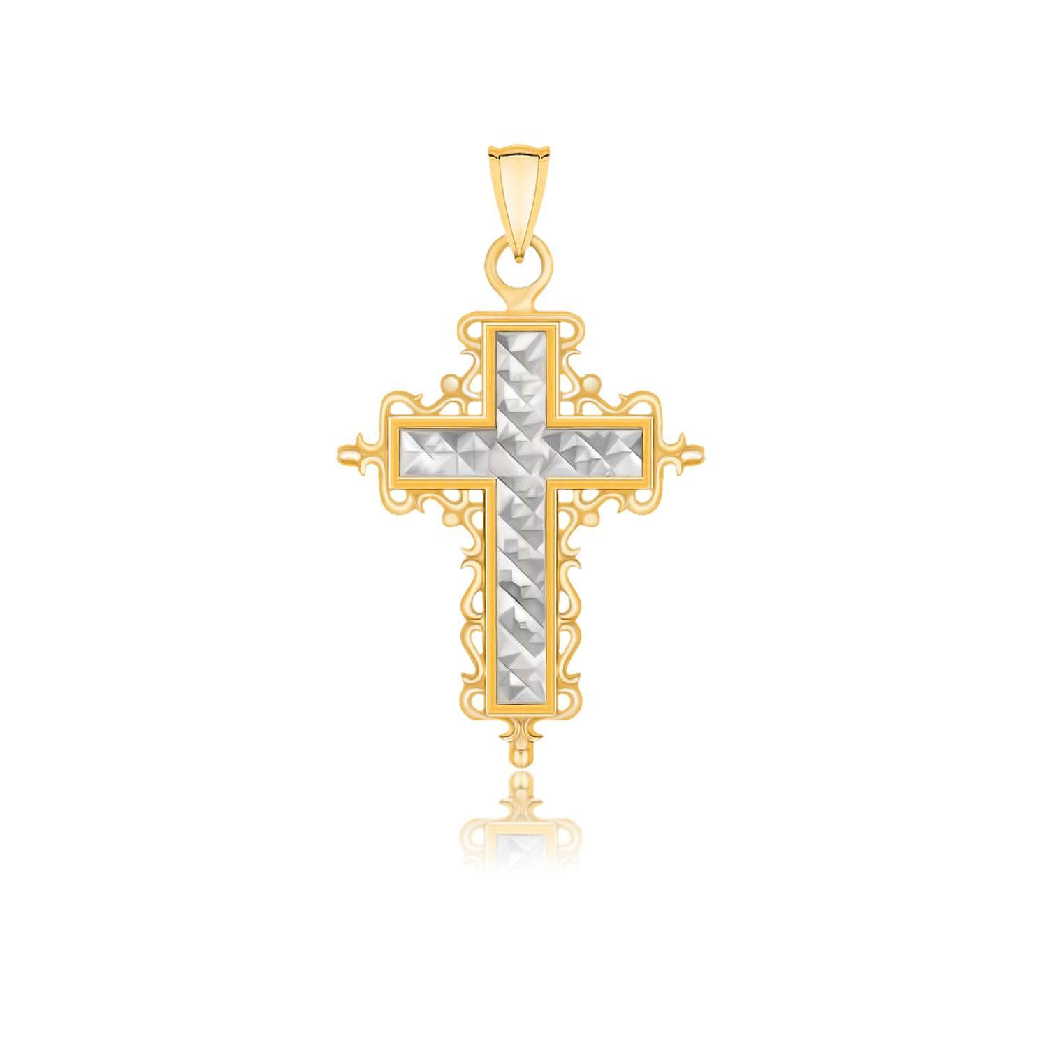 14k Two-Tone Gold Diamond Cut and Baroque Inspired Cross Pendant - Forever in Harmony