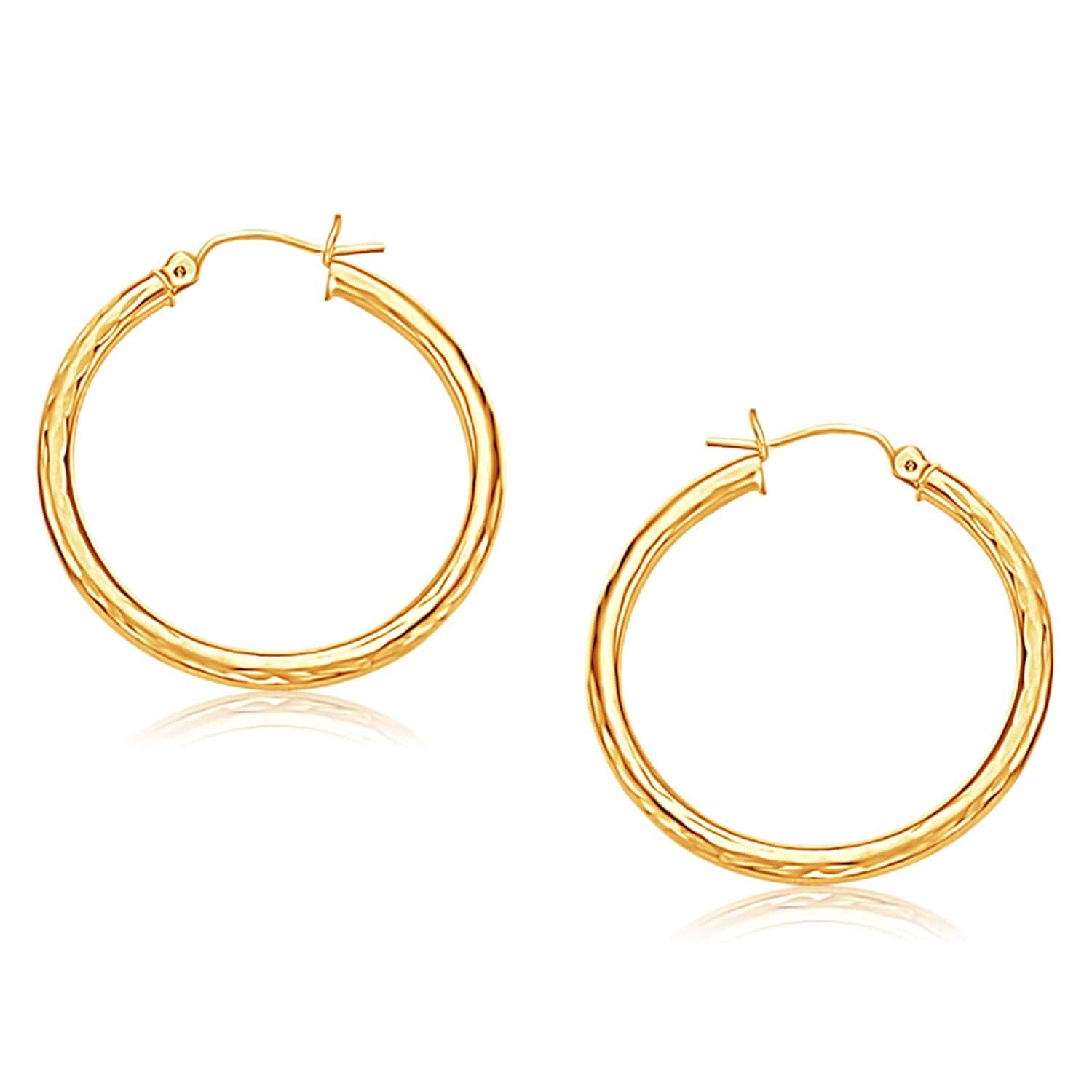 14k Yellow Gold Hoop Earring with Diamond-Cut Finish (3x30mm) - Forever in Harmony