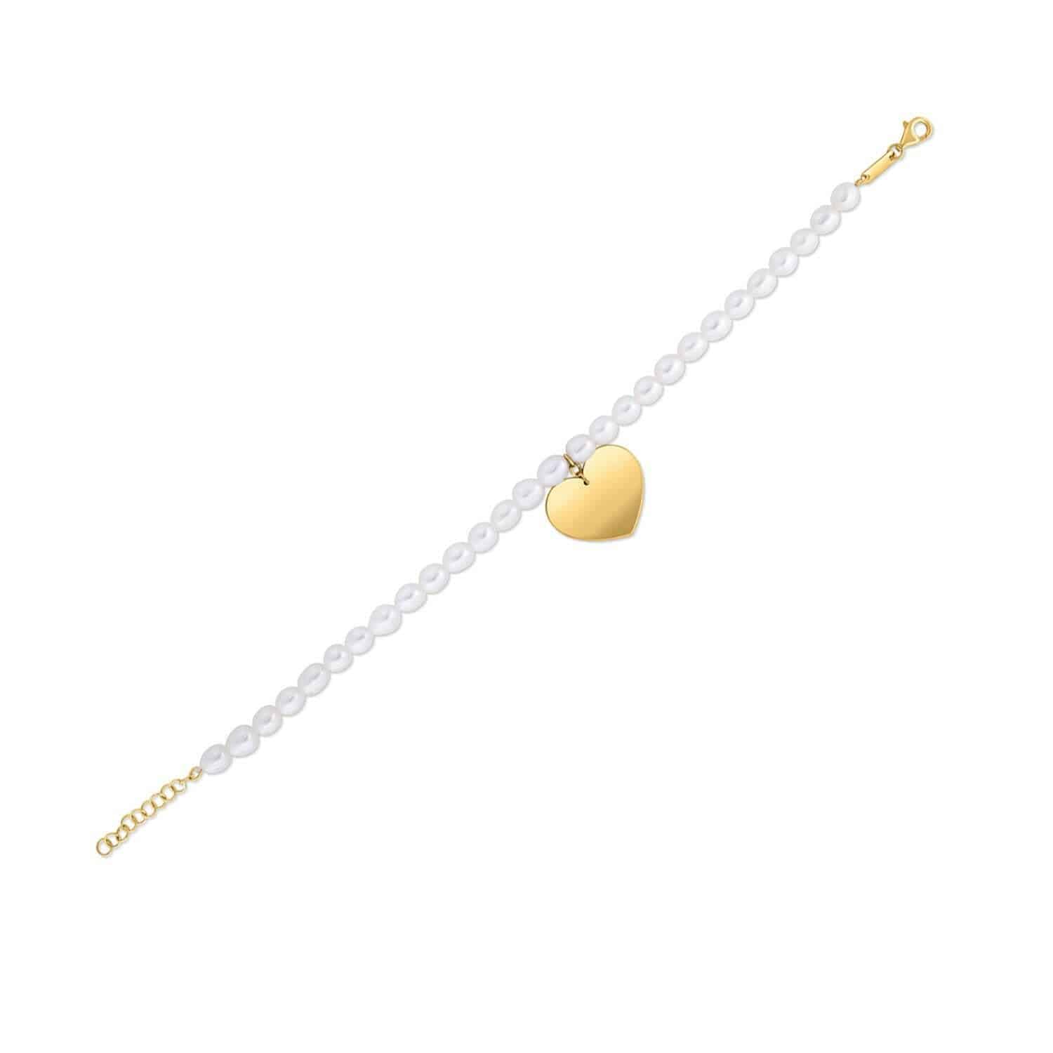 14k Yellow Gold Pearl Heart Charm Bracelet |