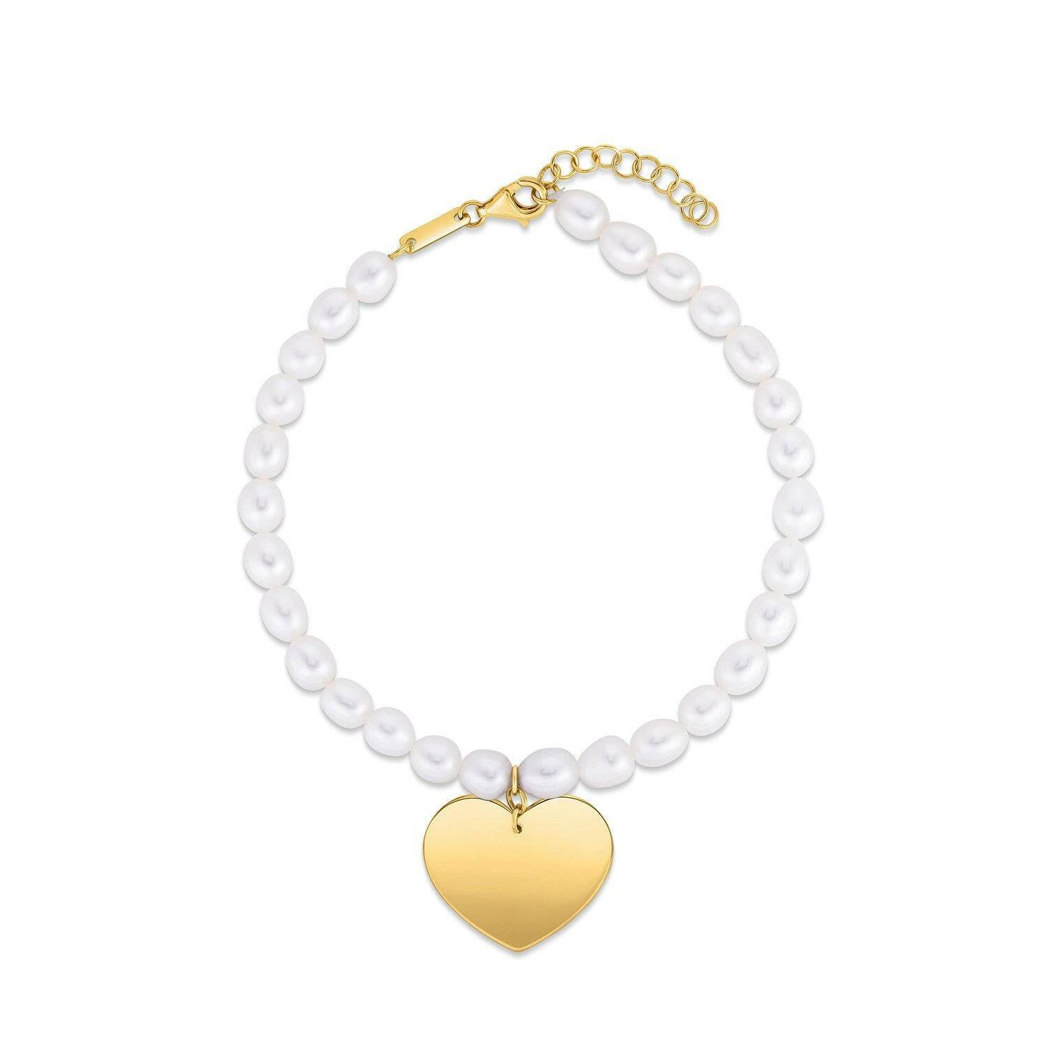 14k Yellow Gold Pearl Heart Charm Bracelet |