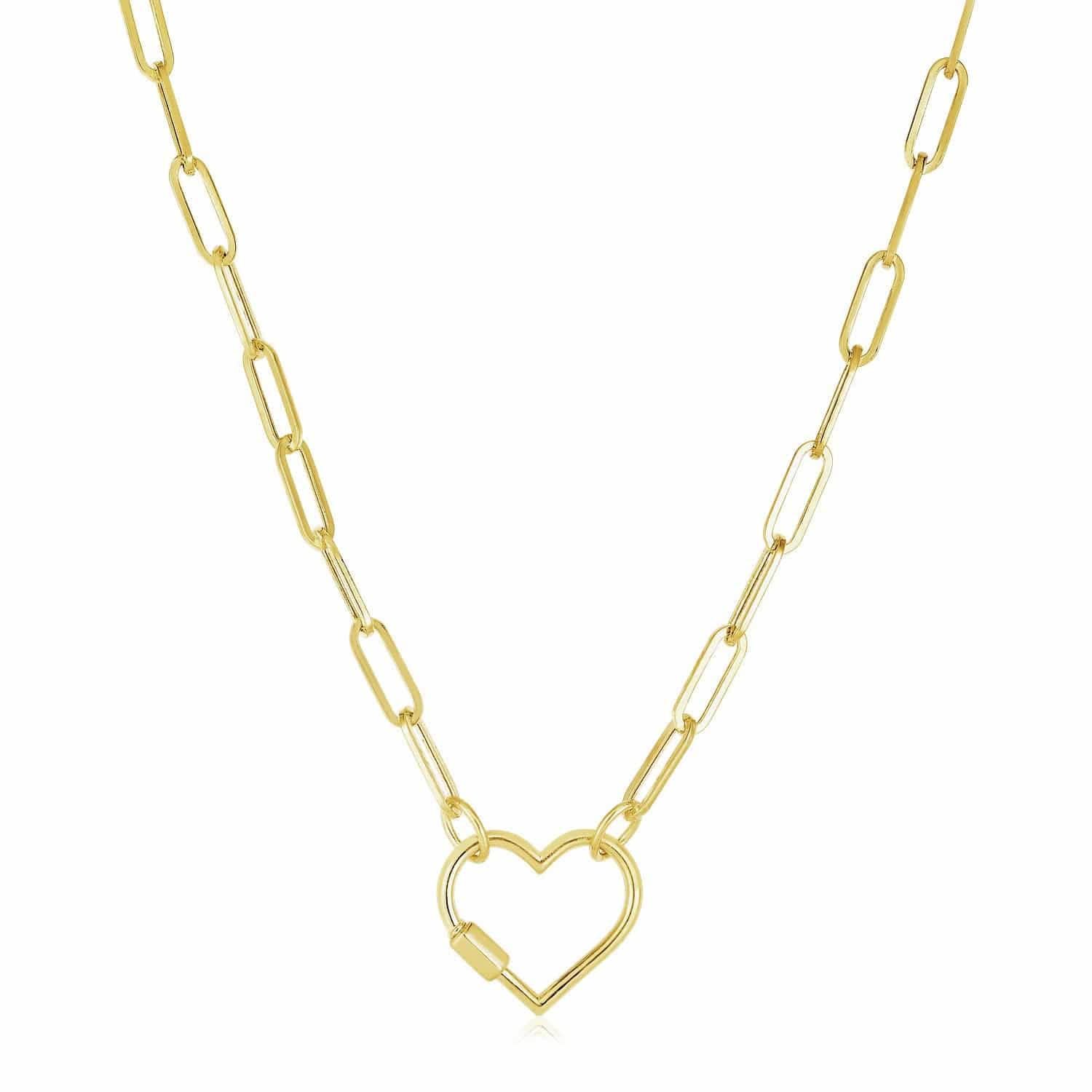 14k Yellow Gold Paperclip Chain Necklace with Heart Carabiner Clasp - Forever in Harmony