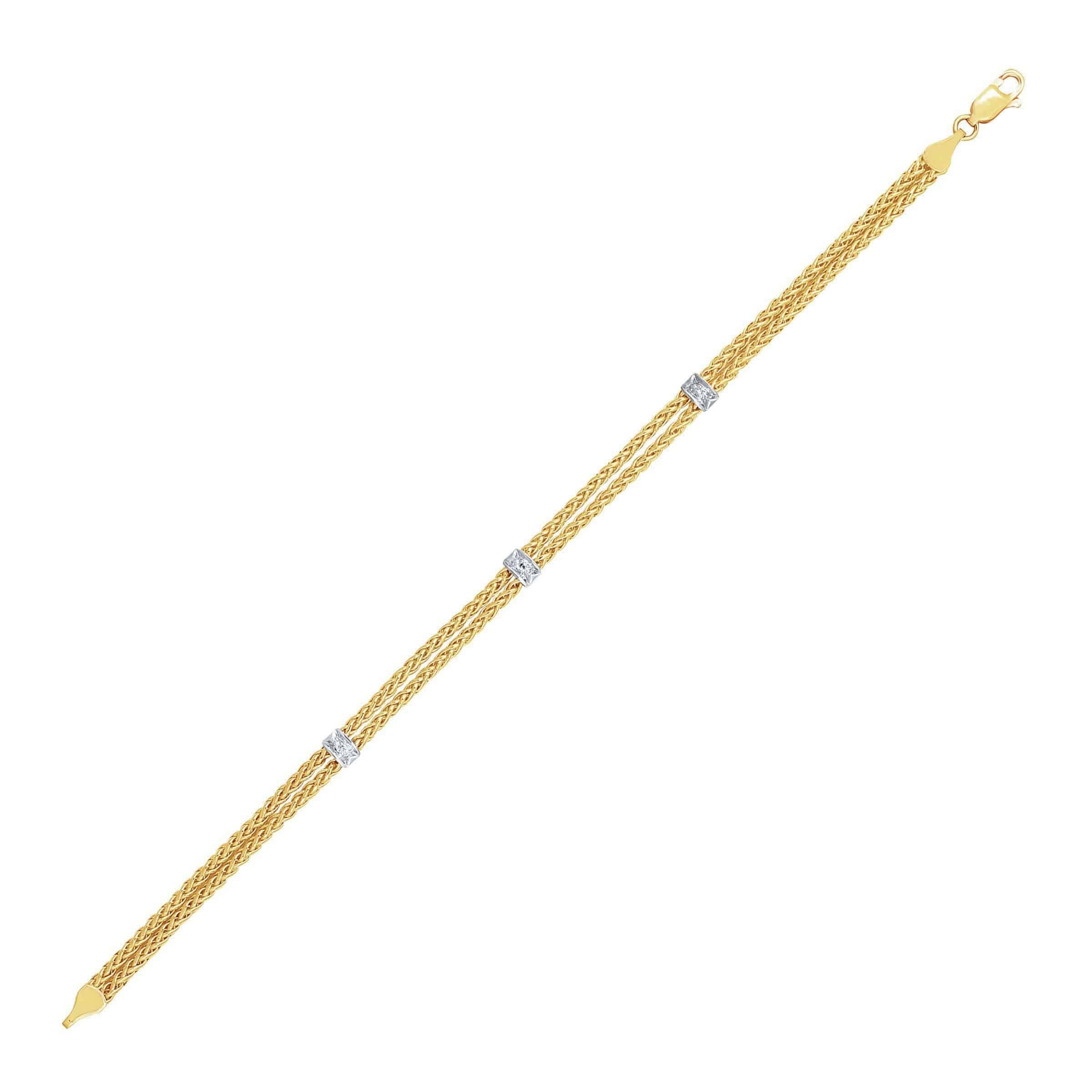 14k Two-Tone Gold Dual Wheat Chain Bracelet with Diamond Stations (3.75 mm) |