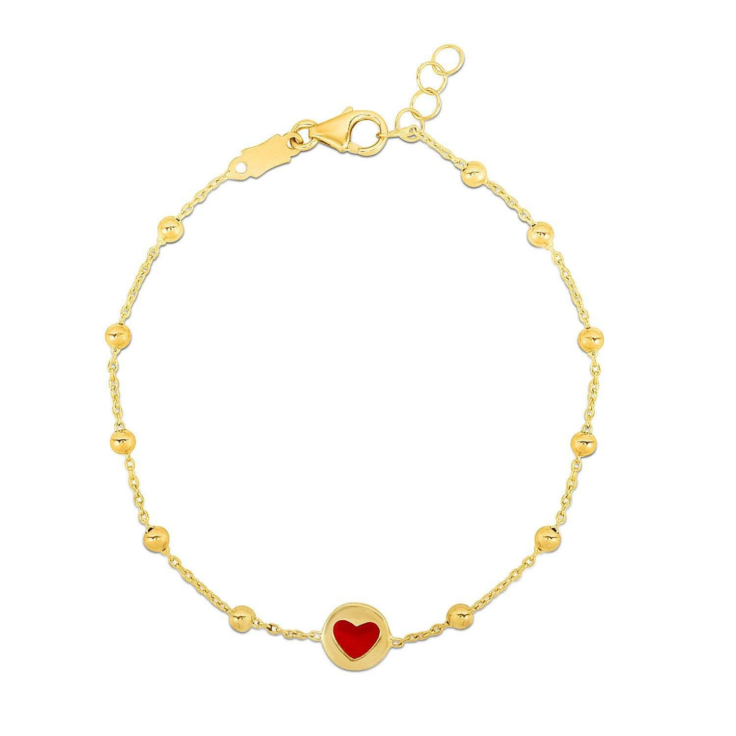 14k Yellow Gold Childrens Bracelet with Beads and Enameled Heart |