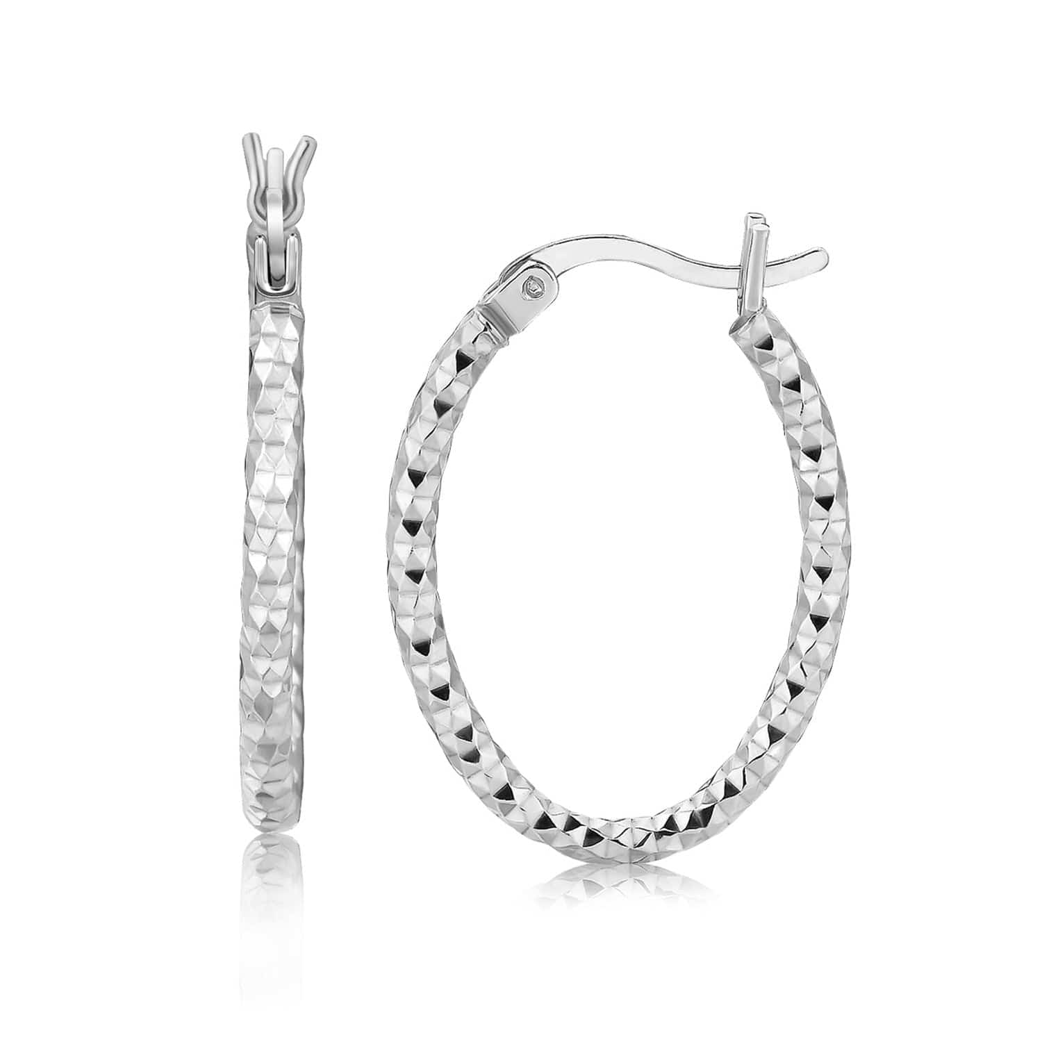 Sterling Silver Hoop Diamond Cut Texture Earrings with Rhodium Plating(2x15mm) - Forever in Harmony