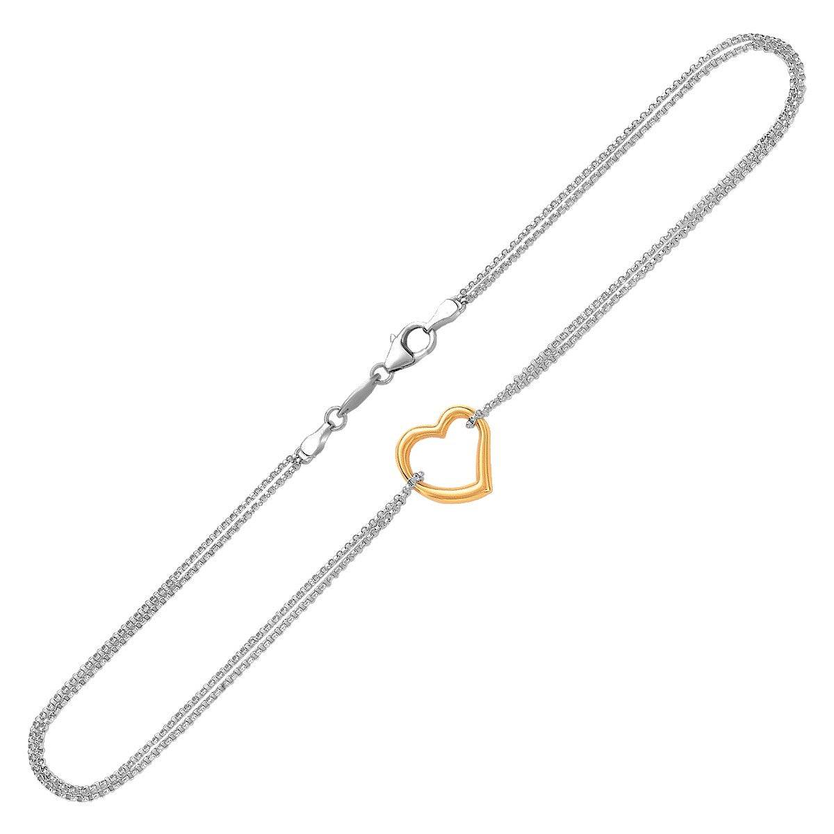 14k Yellow Gold and Sterling Silver Anklet with a Single Open Heart Station - Forever in Harmony