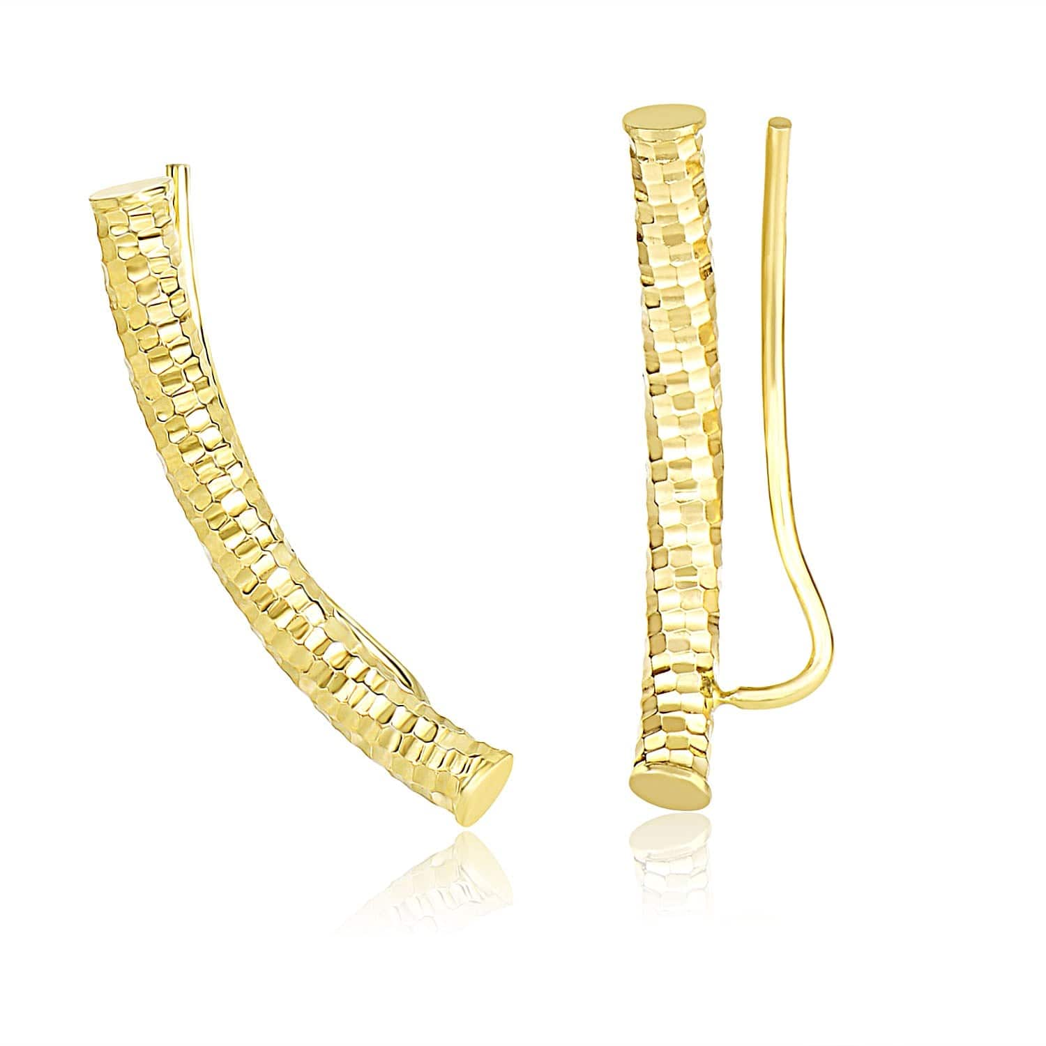 14k Yellow Gold Curved Tube Earrings with Diamond Cuts - Forever in Harmony