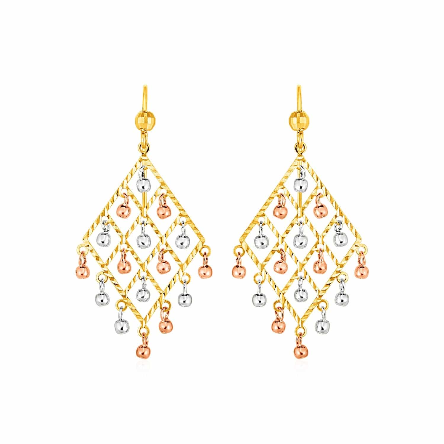 Textured Chandelier Earrings with Ball Drops in 14k Tri Color Gold