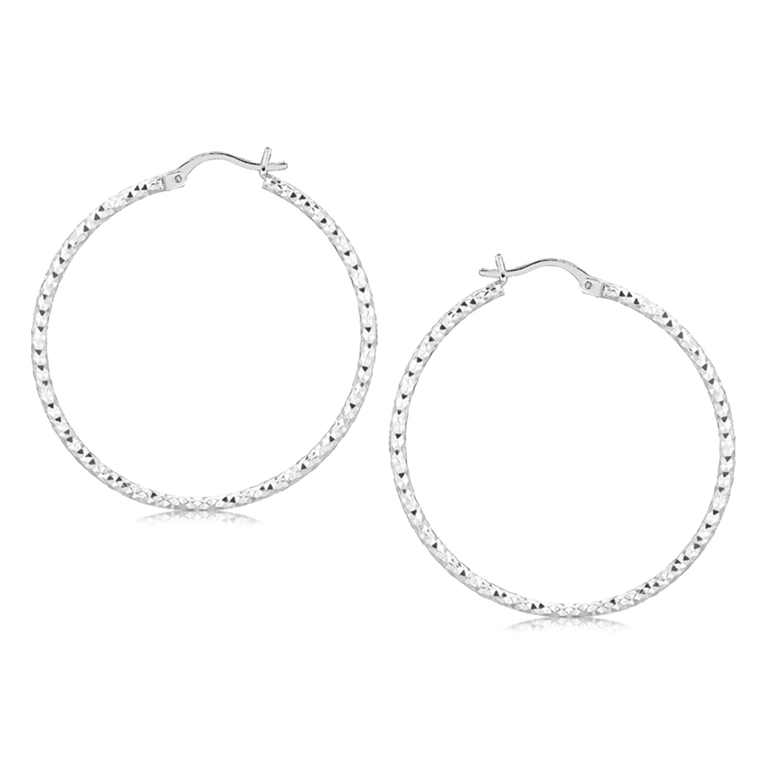 Sterling Silver Rhodium Plated Large Faceted Style Hoop Earrings(2x40mm) - Forever in Harmony