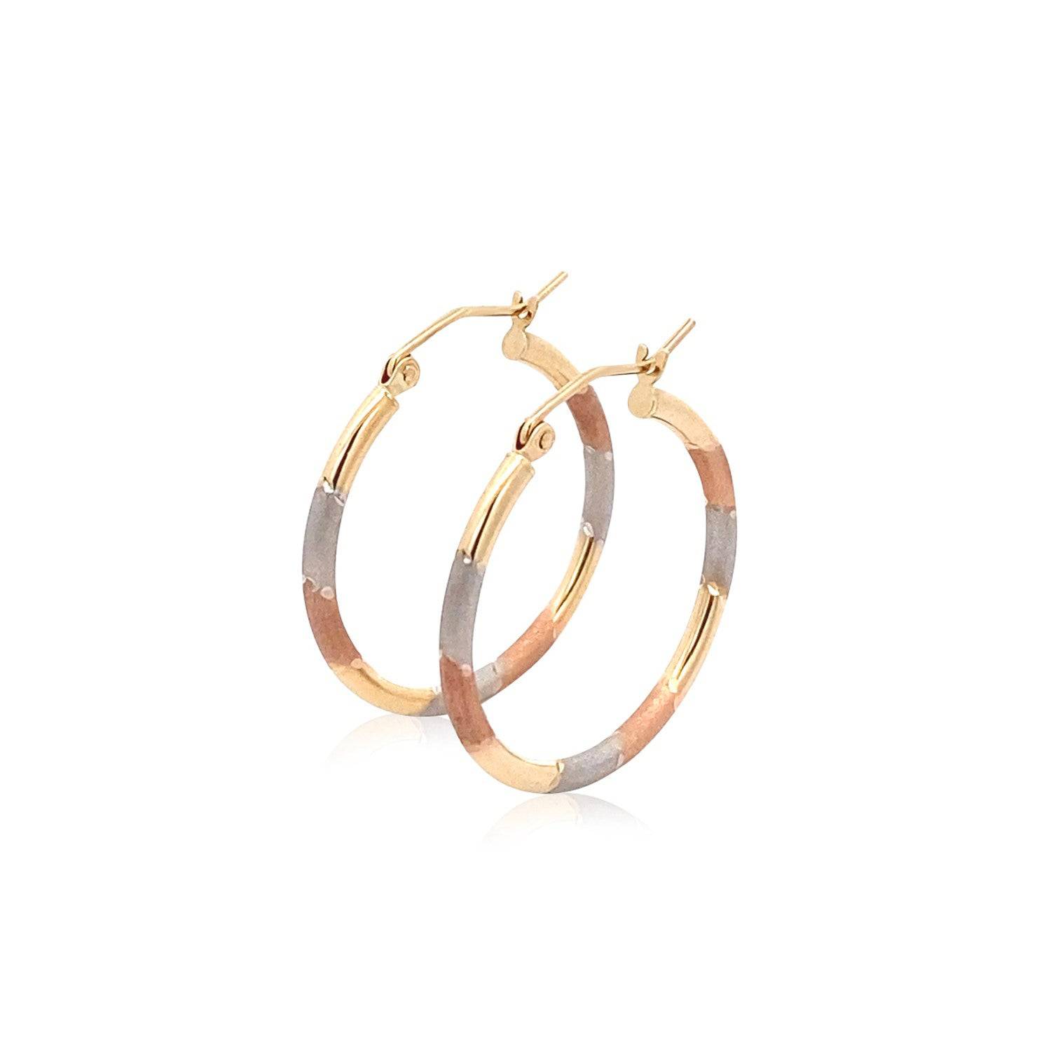 14k Tri-Color Textured Hoop Earrings (2x22mm) - Forever in Harmony