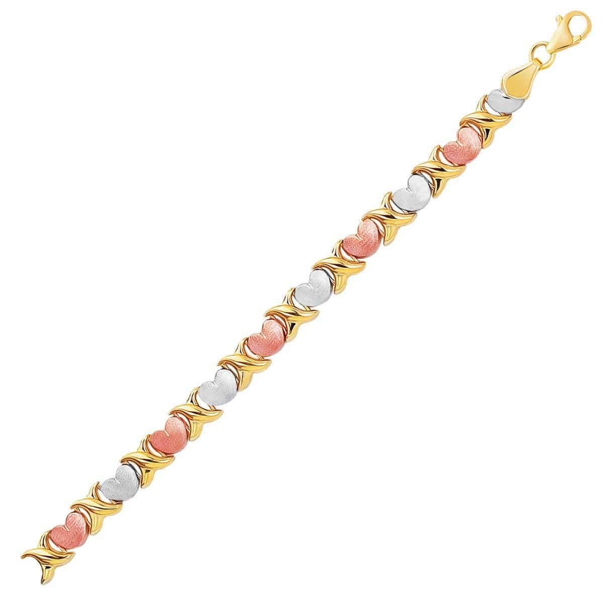 14k Tri-Color Gold Fancy Satin Heart Line Bracelet (6.35 mm) |