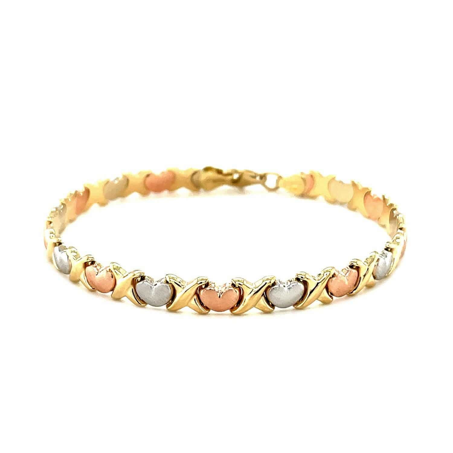 14k Tri-Color Gold Fancy Satin Heart Line Bracelet (6.35 mm) | - Forever in Harmony