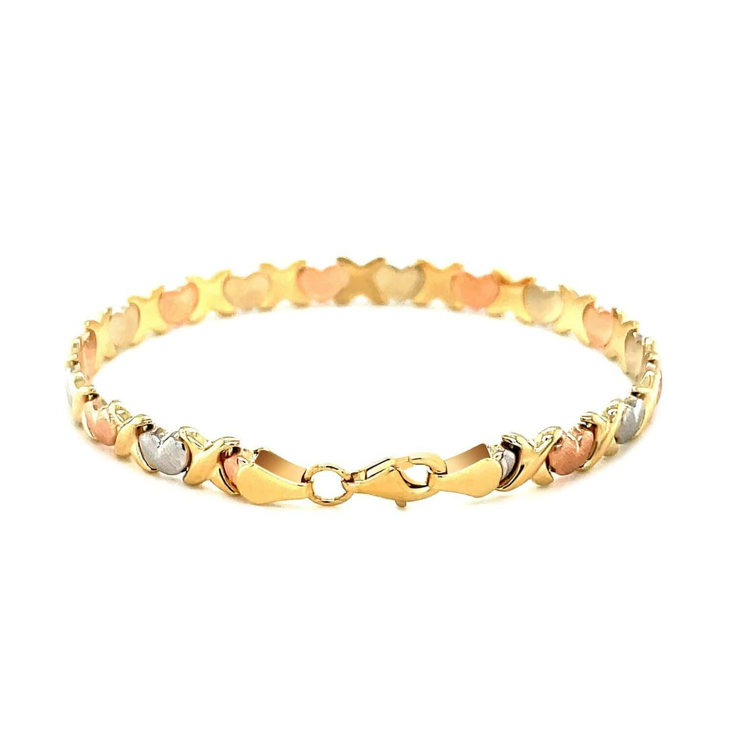 14k Tri-Color Gold Fancy Satin Heart Line Bracelet (6.35 mm) | - Forever in Harmony