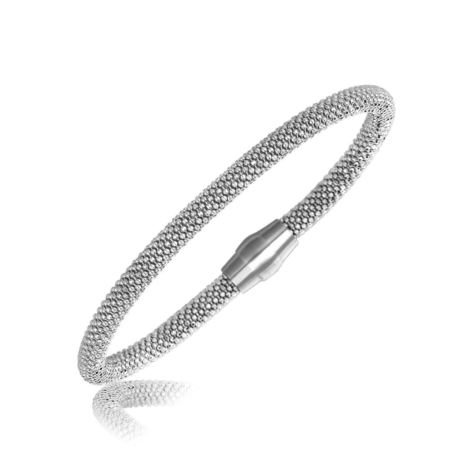 Sterling Silver Rhodium Plated Popcorn Motif Bangle (4.80 mm) |