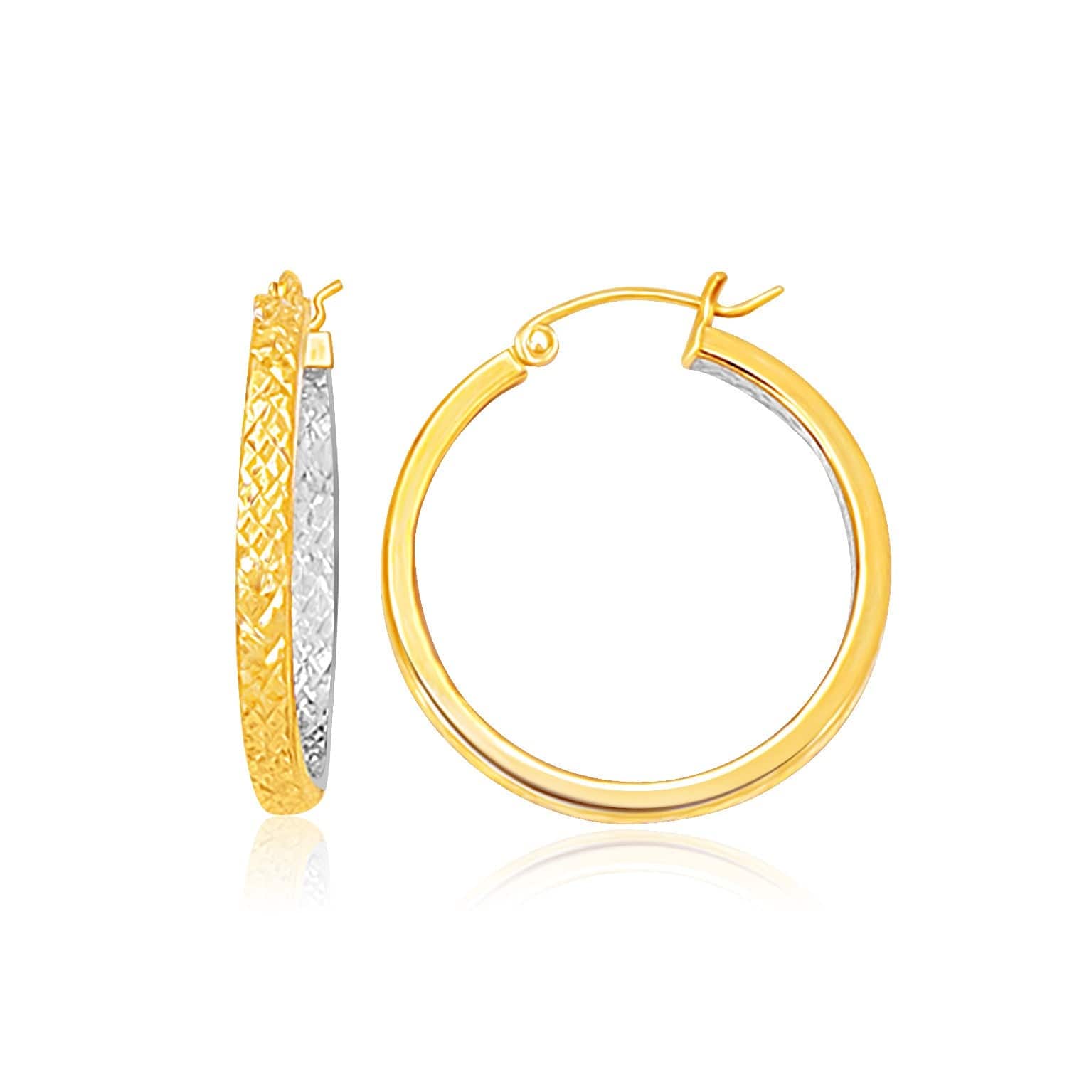 Two-Tone Yellow and White Gold Medium Patterned Hoop Earrings(3x30mm) - Forever in Harmony