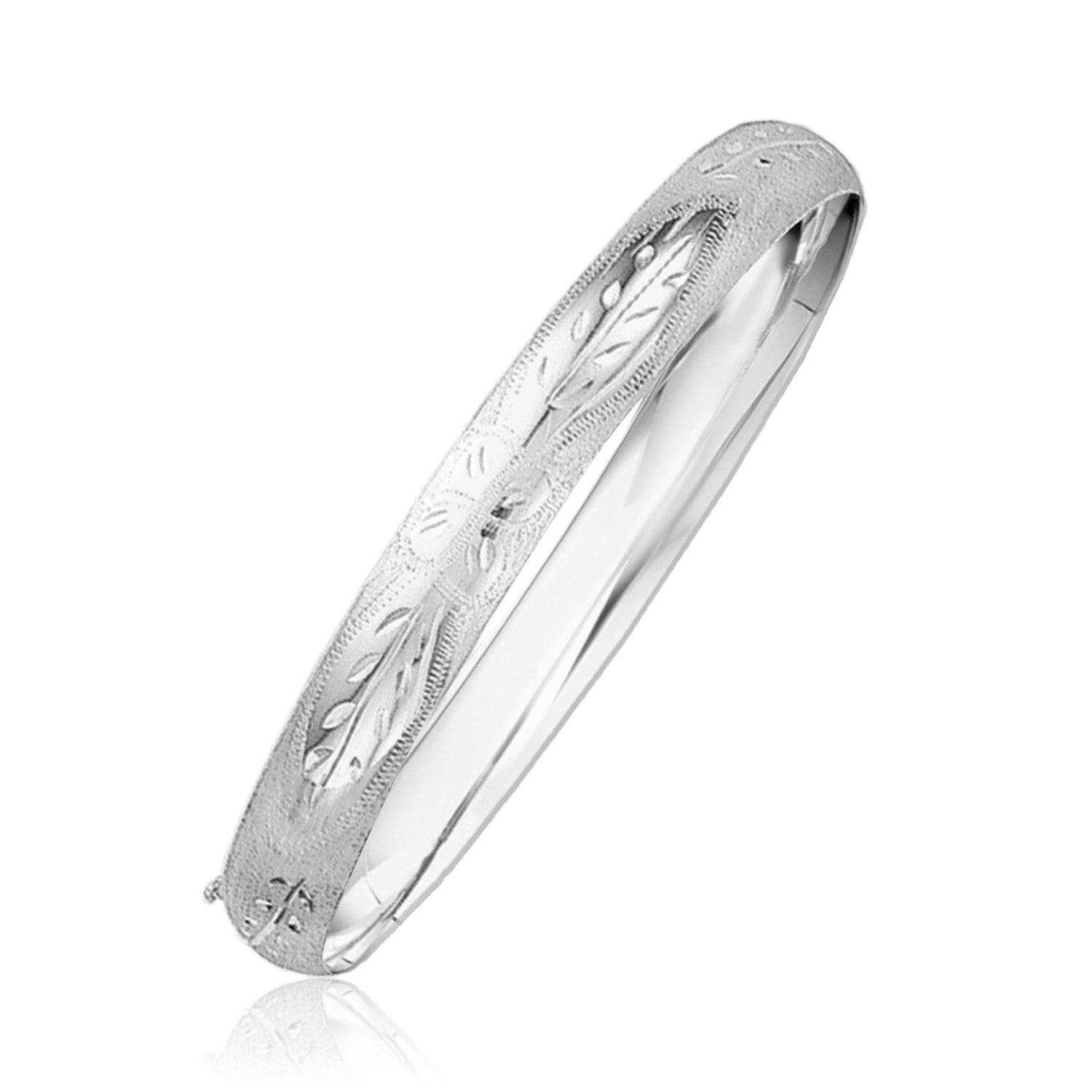 Classic Floral Carved Bangle in 14k White Gold (8.00 mm) |