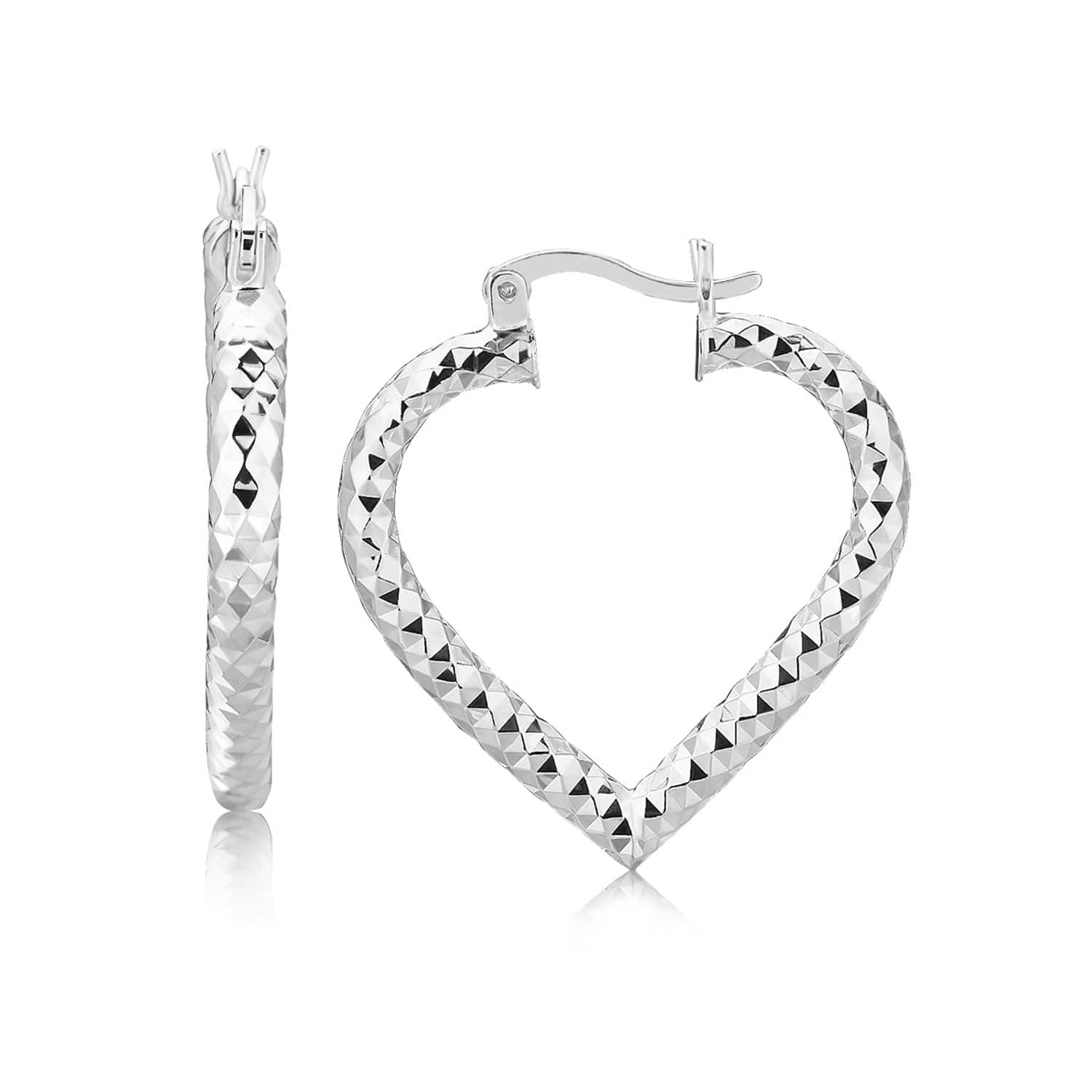 Sterling Silver Rhodium Plated Heart Style Hoop Diamond Cut Earrings(3x22mm) - Forever in Harmony